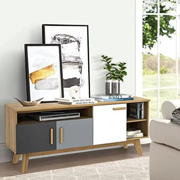 TJBOLIFE Modern TV Stand  Wood TV Console Table for TVs up to 65 Inch  Entertainment Center with 3  Cabinets &amp; 3 Open Shelves  Media Console TV Cabinet for Living Room Bedroom (Natura - MadeInUSA - Image 3