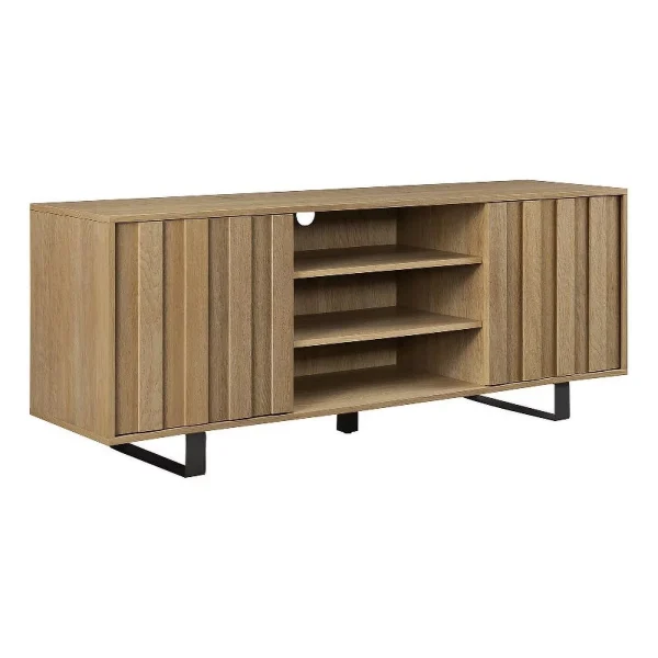 Pemberly Row 60"Modern Wood TV Cabinet with Paneled Doors - Oak / Black - MadeInUSA