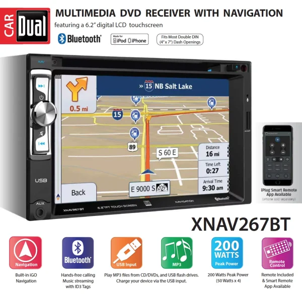 Dual Electronics XNAV267BT 6.2 inch Double Din Car Stereo with Built-in Navigation, New - MadeInUSA