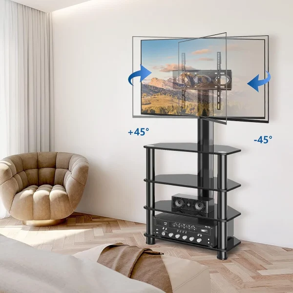 TJBOLIFE Swivel TV Stand with Mount for 32"-70" Flat Screen  Slim Corner Entertainment Floor TV Mount with 4-Tier Tempered Glass Media Shelves  Height Adjustable and Cable Managem - MadeInUSA - Image 5