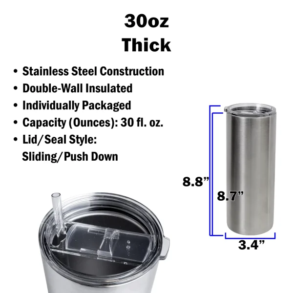 MakerFlo Case of 25, 30 Oz Thick Fatty Tumblers, Stainless Steel Mugs for Crafting, Silver - MadeInUSA - Image 3