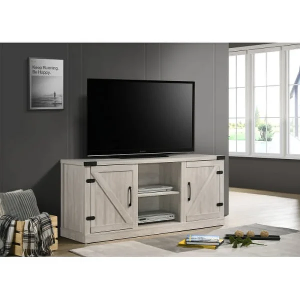 Dusty Gray 58"Wide TV Stand with 2 Open Shelves and 2 Cabinets - MadeInUSA