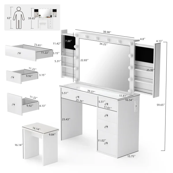 RichYa Modern Vanity Desk Makeup Table with Large LED Mirror and Power Outlet with 2 Sliding Storage White Marble - MadeInUSA - Image 3