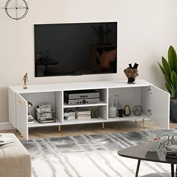 ZWNLKQG FUFU&amp;GAGA TV Stand for TV up to 65"  Modern Wood Universal Media Console with Metal Legs  2  Cabinets &amp; 2 Open Shelves  Home Living Room  Entertainment Center (White-G - MadeInUSA - Image 2
