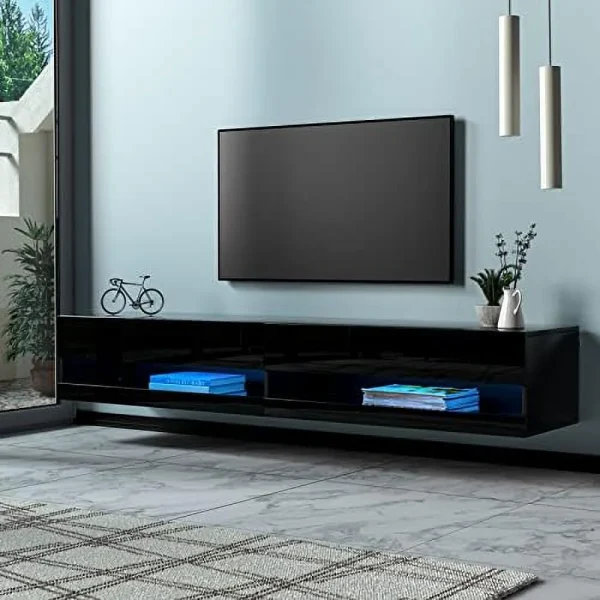 TQNJYGX Black Floating TV Stand Wall Mounted with LED Light  High Gloss LED TV Stand with   71" Modern Media Console Floating TV Cabinet for Living Room Bedroom  Black - MadeInUSA - Image 5