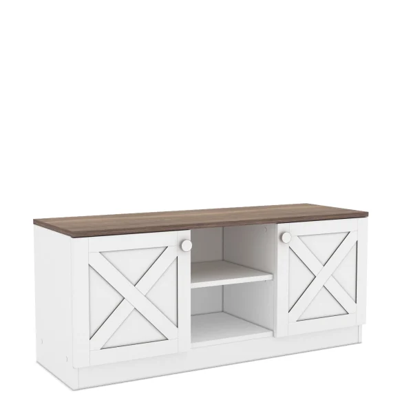 Design Industrial Wooden TV Stands, Entertainment Center, Barndoor Farmhouse with Cable Management and Shelves, White - MadeInUSA - Image 4