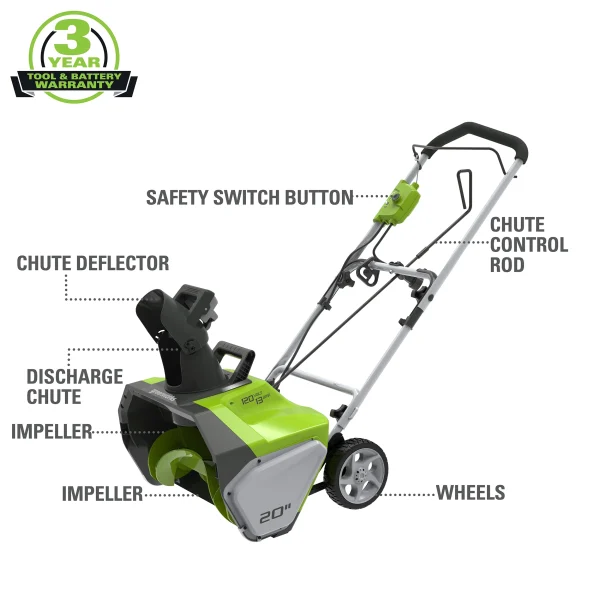 Greenworks 13 Amp 20 in. Corded Electric Snow Thrower, 2600502 - MadeInUSA - Image 4