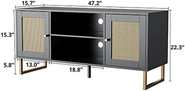 TQNLKGZ Rattan TV Stand for 50/55 inch TV  Entertainment Center with Golden Legs and Metals  Modern TV Console Table with Adjustable Shelves  TV Media Console for Living Room  Bedroom  Bl - MadeInUSA - Image 2