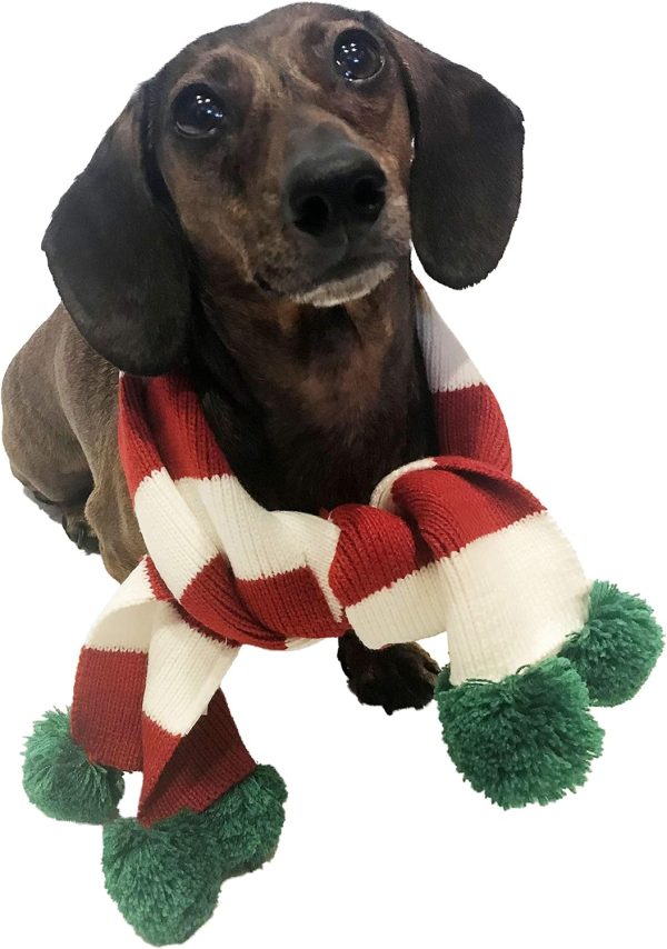 Midlee Christmas Striped Dog Scarf- Red/White & Green Pom Pom - Image 3
