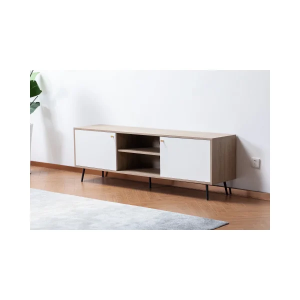 Homestock Natural Beauty Light Brown Wood Finish TV Stand with 2 White Cabinets and Modular Shelves - MadeInUSA