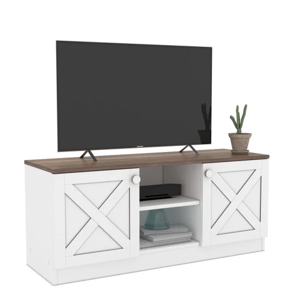 Design Industrial Wooden TV Stands, Entertainment Center, Barndoor Farmhouse with Cable Management and Shelves, White - MadeInUSA - Image 2