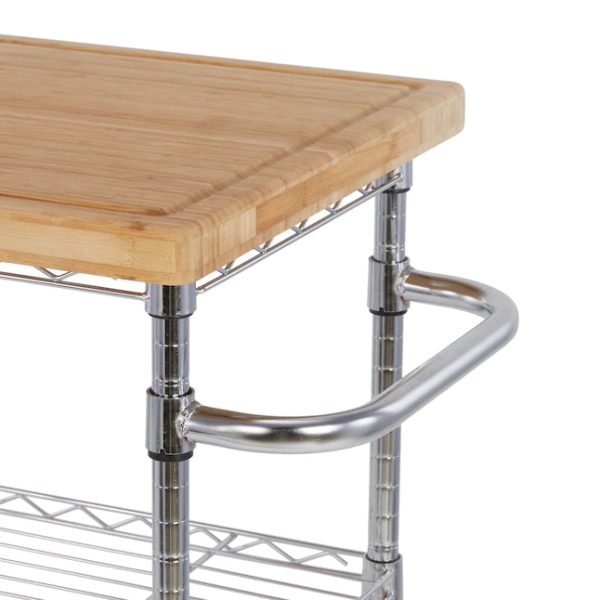Style Selections Chrome Steel Base with Wood Top Rolling Kitchen Cart 24in x 19.7in x 38in - MadeInUSA - Image 5