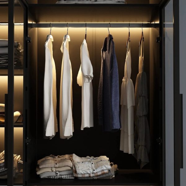 Lighted Modern Glass Door Wardrobe Armoire with Ample Storage - 47.2" Black - MadeInUSA - Image 4
