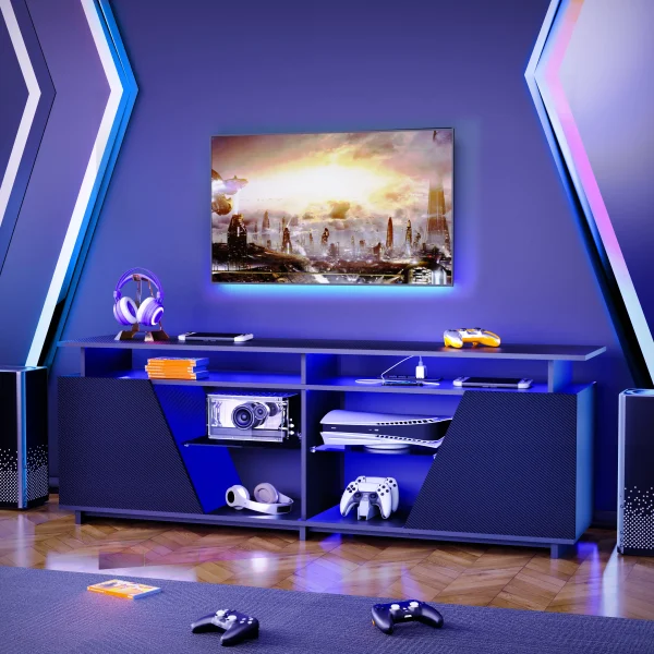 SULIVES PS5 Gaming Entertainment Center with Power Outlet, Fits 75"TVs, LED TV Stand, Ideal for Living Room or Bedroom (67'' Black) - MadeInUSA