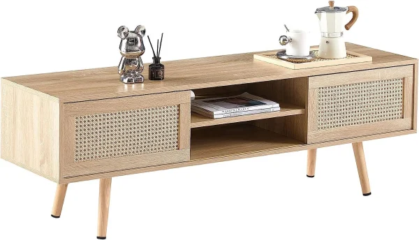 ZWNLKQG TV Stand  Modern Farmhouse Entertainment Center with   Rattan TV Console Sliding Door for   TV Console Table  Media Console Solid Wood Legs  Modern Table for Living Room - MadeInUSA - Image 7