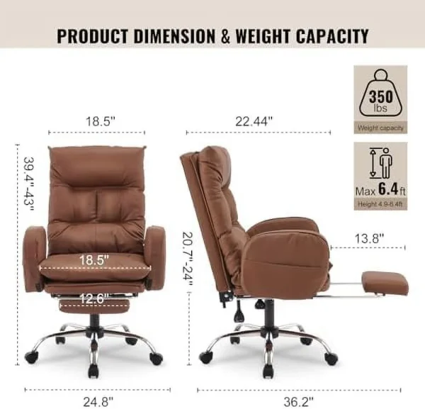 GEROBOOM Home Office Chair with Footrest  High-Back PU Leather Computer Desk Chair  Executive Rolling Swivel Chairs with Leg  and Double Thick Cushion  White Office Chair (Cream White) - MadeInUSA - Image 3
