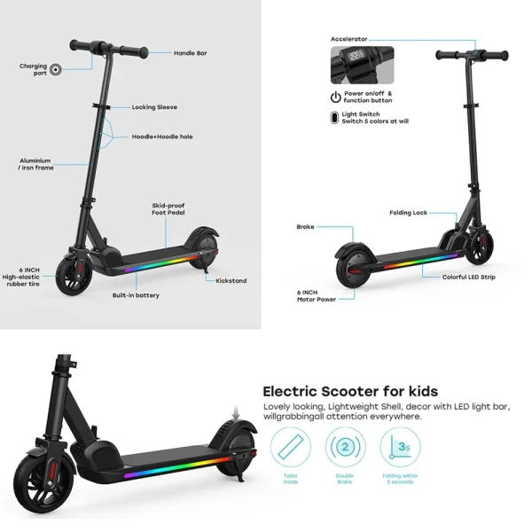 Electric Scooter for Kids, Foldable Scooter with Colourful Rainbow Light and LED Display, Adjustable Speed and Height, Black - MadeInUSA - Image 7