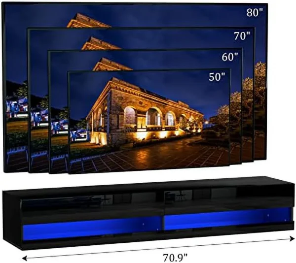 TQNJYGX Black Floating TV Stand Wall Mounted with LED Light  High Gloss LED TV Stand with   71" Modern Media Console Floating TV Cabinet for Living Room Bedroom  Black - MadeInUSA - Image 4