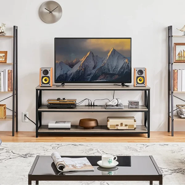 TV Stand for TV up to 65 inch, Media Entertainment Center with Power Outlets & 3 Tier Storage Shelves, 55 Inches TV Console Table for Living Room, Bedroom, Gray - MadeInUSA