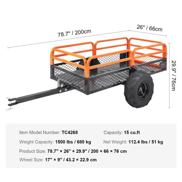 VEVOR Heavy Duty Steel ATV Dump Trailer, 1500-Pound Load Capacity 15 Cubic Feet, Tow Behind Dump Cart Garden Trailer, with Removable Sides and 2 - MadeInUSA - Image 8