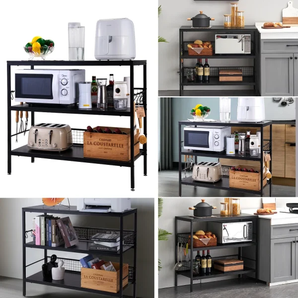 Cheflaud Rolling Kitchen Storage Cart Island with large open shelves and Large Worktop, 3-Tier Kitchen Baker's Rack with 10 Hooks, Stable Steel Structure and Easy Assembly, Rustic Brown - MadeInUSA - Image 7