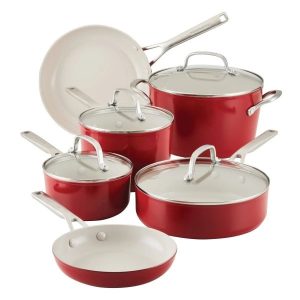 KitchenAid Hard-Anodized Ceramic Nonstick 10-Piece Cookware Set, Empire Red - MadeInUSA