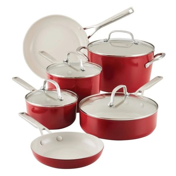 KitchenAid Hard-Anodized Ceramic Nonstick 10-Piece Cookware Set, Empire Red - MadeInUSA