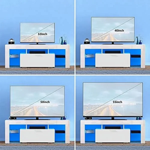 JYHOME TV Stand for 55+ 60 inch Tvs - White Morden TV Stand with LED Lights  High Glossy Entertainment Center with  Cabinet  LED Media Console Table Cabinet Desk for Living Room - MadeInUSA - Image 5