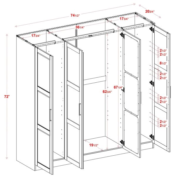 Palace Imports Cosmo Gray 4 Mirrored Door Wardrobe With 2 Shelves - MadeInUSA - Image 3