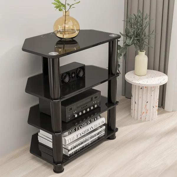 TJBOLIFE Swivel TV Stand with Mount for 32"-70" Flat Screen  Slim Corner Entertainment Floor TV Mount with 4-Tier Tempered Glass Media Shelves  Height Adjustable and Cable Managem - MadeInUSA - Image 6