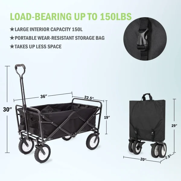 APOLLOLIFT 220lb Folding Wagon Utility Garden Cart for Outdoor Camping Black - MadeInUSA - Image 2