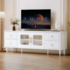 TV Stand for 75+ Inch TV, Modern Living Room Entertainment Center with Storage Cabinets,TV Table, Media Console with Ajustable Shelves & Cable Management, with 4 Large Storage Drawers - MadeInUSA