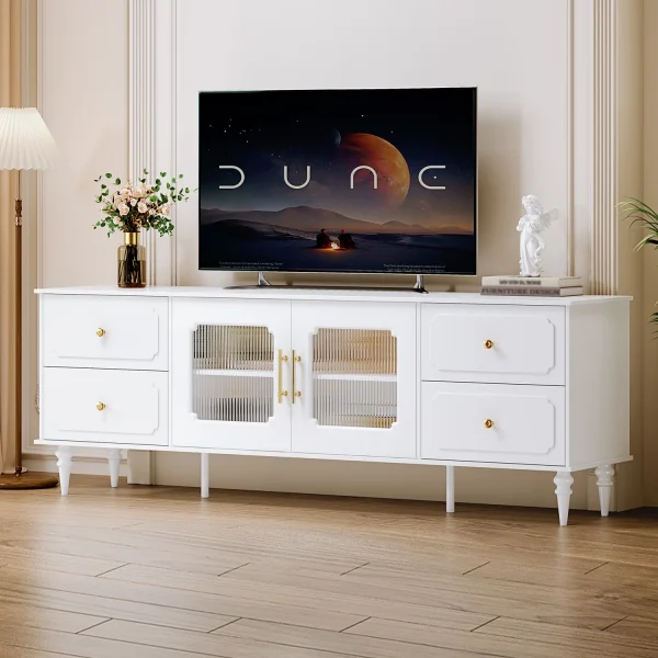 TV Stand for 75+ Inch TV, Modern Living Room Entertainment Center with Storage Cabinets,TV Table, Media Console with Ajustable Shelves & Cable Management, with 4 Large Storage Drawers - MadeInUSA