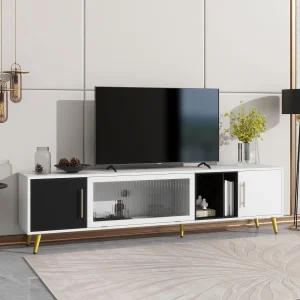 ON-TREND Stylish TV Stand with Golden Metal Handles&Legs, Two-tone Media Console for TVs Up to 80", Fluted Glass Door TV Cabinet with Removable Compartment for Living Room, White - MadeInUSA