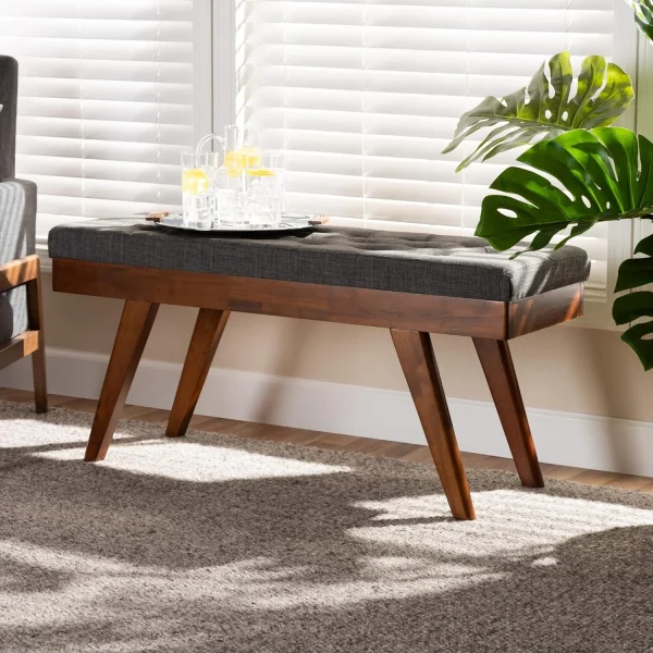 Alona -Century Modern Medium Grey Fabric Upholstered Wood Dining Bench - MadeInUSA - Image 6