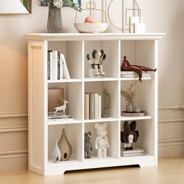 QINBI Wooden Cube Shelf Bookcase - Modern 3 Tiers Floorstanding Open Bookshelf with Base for Home and Office, 9 Cubes Storage Cabinet, Warm White - MadeInUSA - Image 2