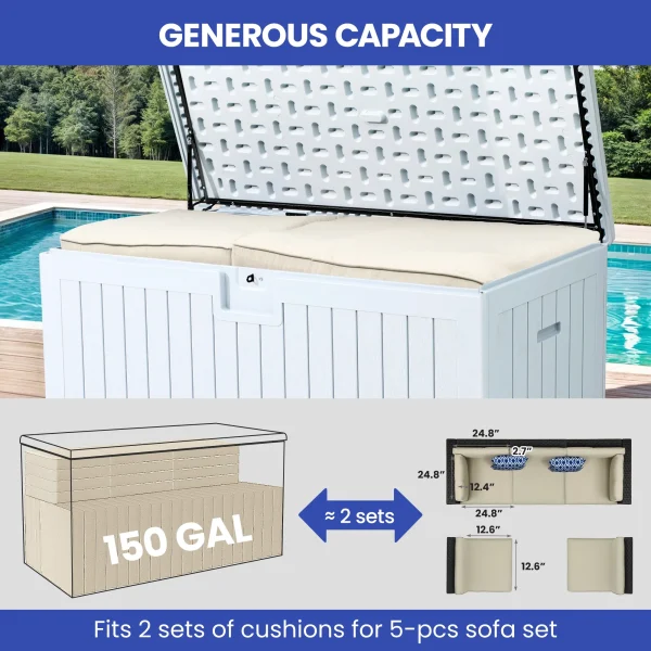 ‎XL Outdoor Storage Patio Box, Capacity 150 Gallons, Storage Patio Deck Box White Aesthetic, Weatherproof - MadeInUSA - Image 4