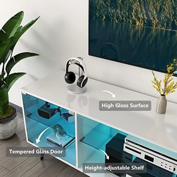 NLTBONNIE 70 Inch LED TV Stand for 75 Inch TV  Modern Entertainment Center with LED Light  High Gloss White TV Console Table with  Cabinets and Open Shelves for Living Room  Bedroom - MadeInUSA - Image 3