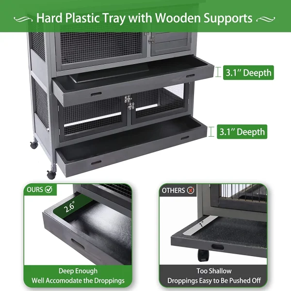 Rabbit Hutch Indoor&Outdoor with Wheels/2.6 Deep Plastic Trays/Chew Proof/Ramp, Large Cage for Guinea Pigs/Bunny with 2 Floors Separable&4 Lockable Doors, Weatherproof, Grey, 41.3 L*17.3 W*41.3 H - MadeInUSA - Image 3