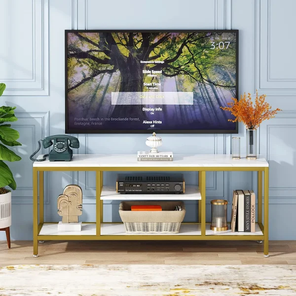 STCVF TV Stand  59 Inches Gold 3-Tier TV Console for TVs Up to 65" with Faux Marble Veneer  Sofa Console Entryway Table for Living Room - MadeInUSA