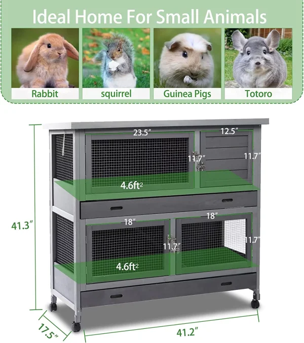 Rabbit Hutch Indoor&Outdoor with Wheels/2.6 Deep Plastic Trays/Chew Proof/Ramp, Large Cage for Guinea Pigs/Bunny with 2 Floors Separable&4 Lockable Doors, Weatherproof, Grey, 41.3 L*17.3 W*41.3 H - MadeInUSA - Image 5