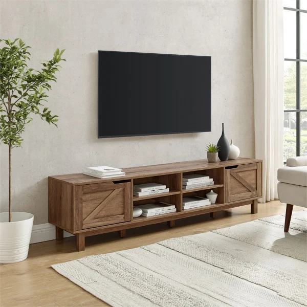 Pemberly Row 70"Simple Wood Barndoor TV Stand in Rustic Oak - MadeInUSA - Image 8