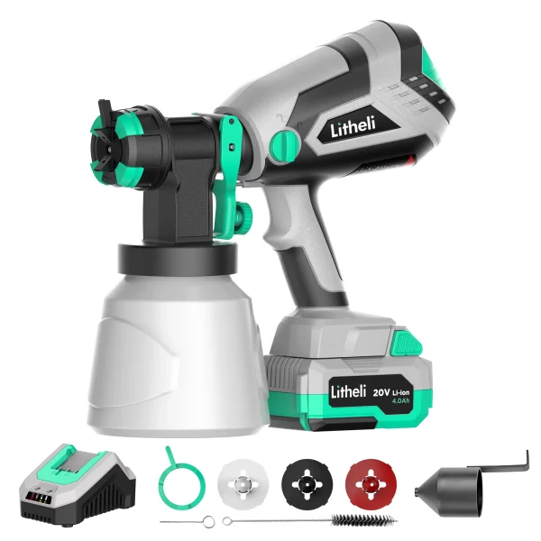 Litheli 20V Cordless Paint Sprayer Gun, HVLP Paint Sprayers Battery Powered Paint Gun with 4.0 Ah Battery & Charger - MadeInUSA