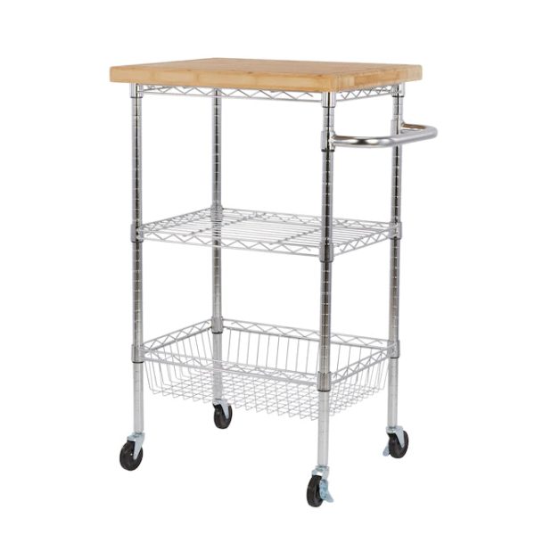 Style Selections Chrome Steel Base with Wood Top Rolling Kitchen Cart 24in x 19.7in x 38in - MadeInUSA - Image 6