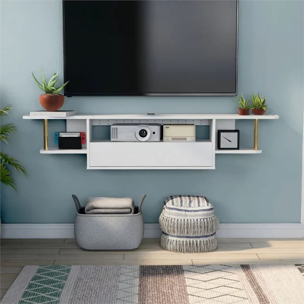 Furniture of America Haft Wood 63"Length Floating TV Console in White - MadeInUSA - Image 2