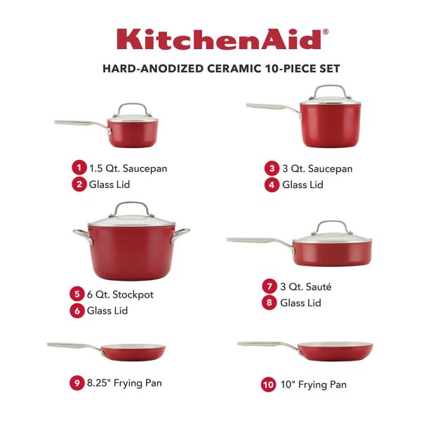 KitchenAid Hard-Anodized Ceramic Nonstick 10-Piece Cookware Set, Empire Red - MadeInUSA - Image 8