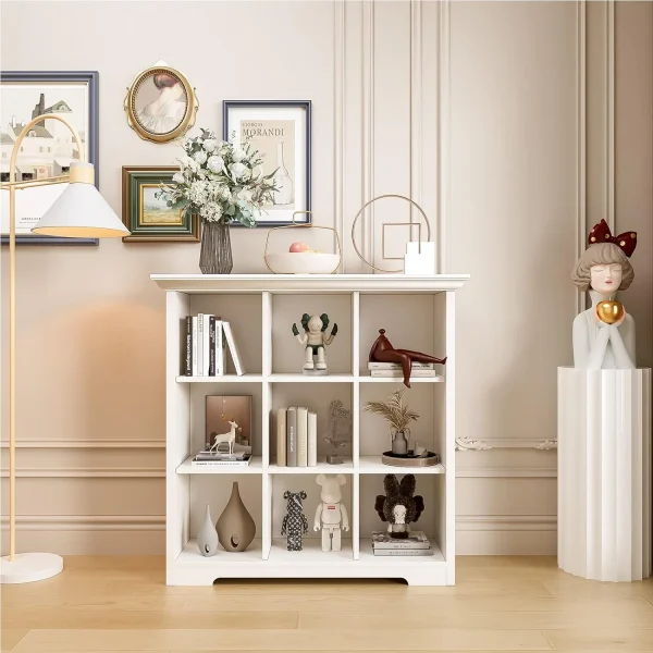 QINBI Wooden Cube Shelf Bookcase - Modern 3 Tiers Floorstanding Open Bookshelf with Base for Home and Office, 9 Cubes Storage Cabinet, Warm White - MadeInUSA - Image 4