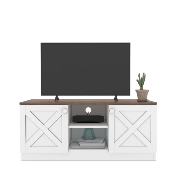 Design Industrial Wooden TV Stands, Entertainment Center, Barndoor Farmhouse with Cable Management and Shelves, White - MadeInUSA - Image 3