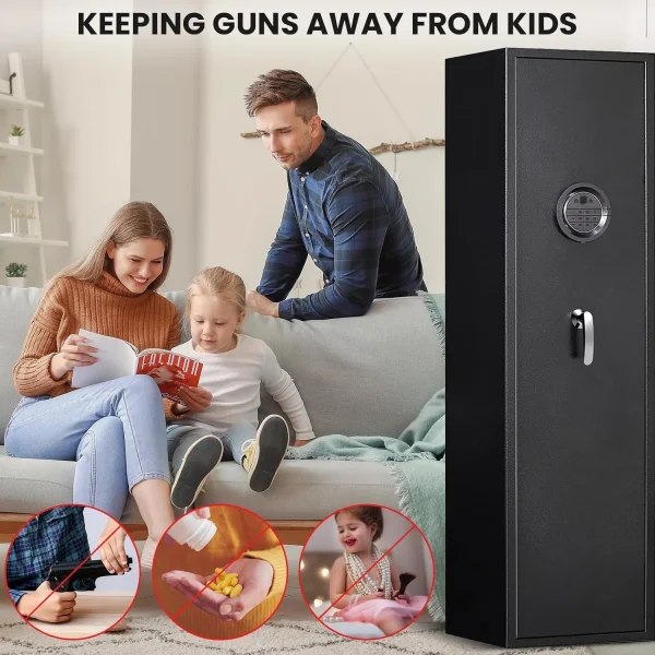 Foorsun Biometric Fingerprint Long Gun Safe, 4~5 Gun Cabinets for Rifles and Shotguns, Long Gun Cabinet for Home with Adjustable Support Frame, Ammo Storage Box and Pistol Bag - MadeInUSA - Image 6
