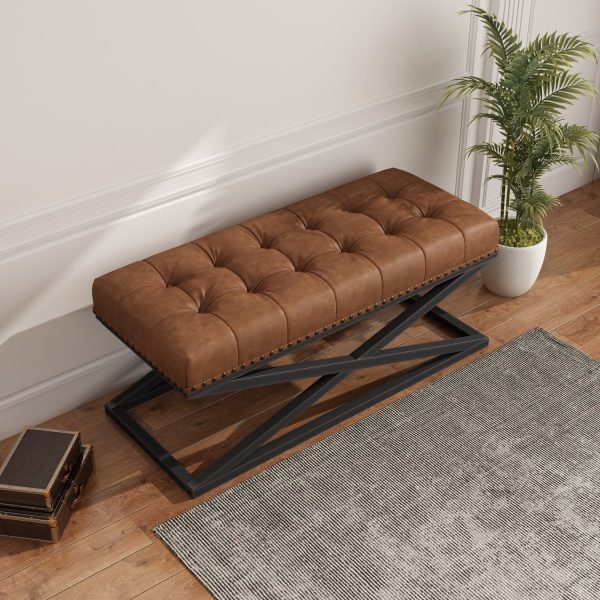 Elegant Vintage Vegan Leather Bench in Stylish Brown with Sturdy Stainless Steel Base - Ideal Furniture Piece for Enhancing Your Living Room Decor - MadeInUSA - Image 4